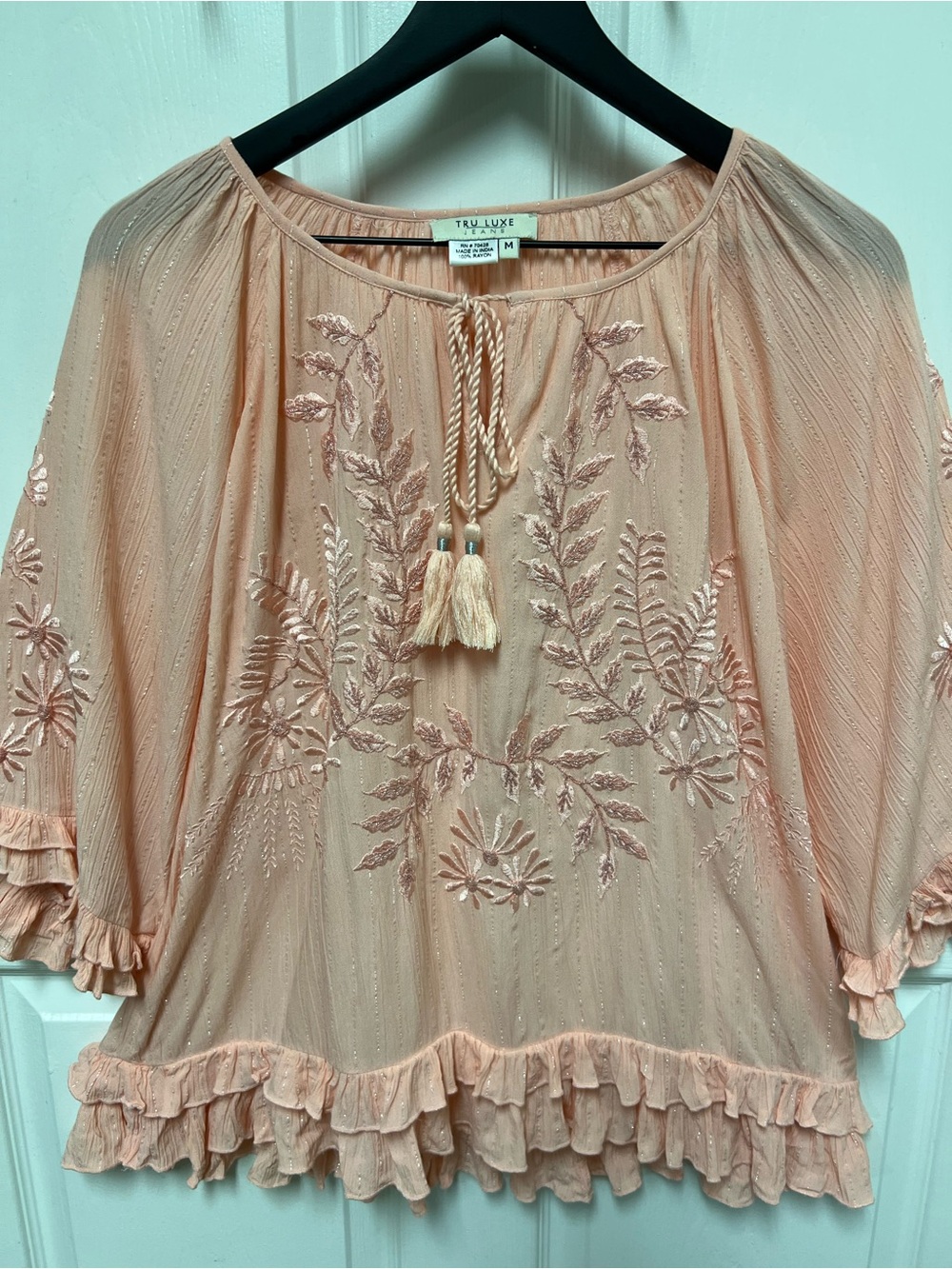 Tru Luxe Jeans Peach Ruffle Peasant Top